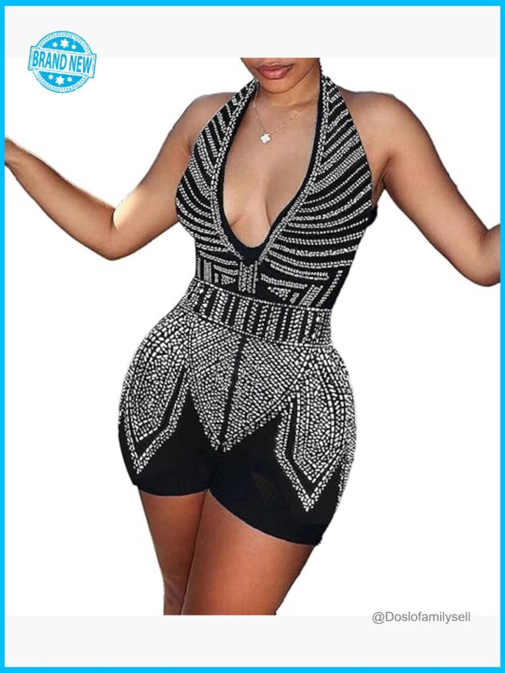 Sexy Rhinestone Jumpsuit Halter Deep V Backless Romper Night Out Party Sparkly